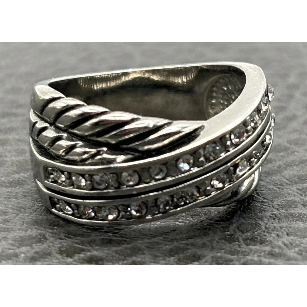 Woven Silver Plated Cubic Zirconia CZ Twisted Cocktail X Band Ring Sz 7
